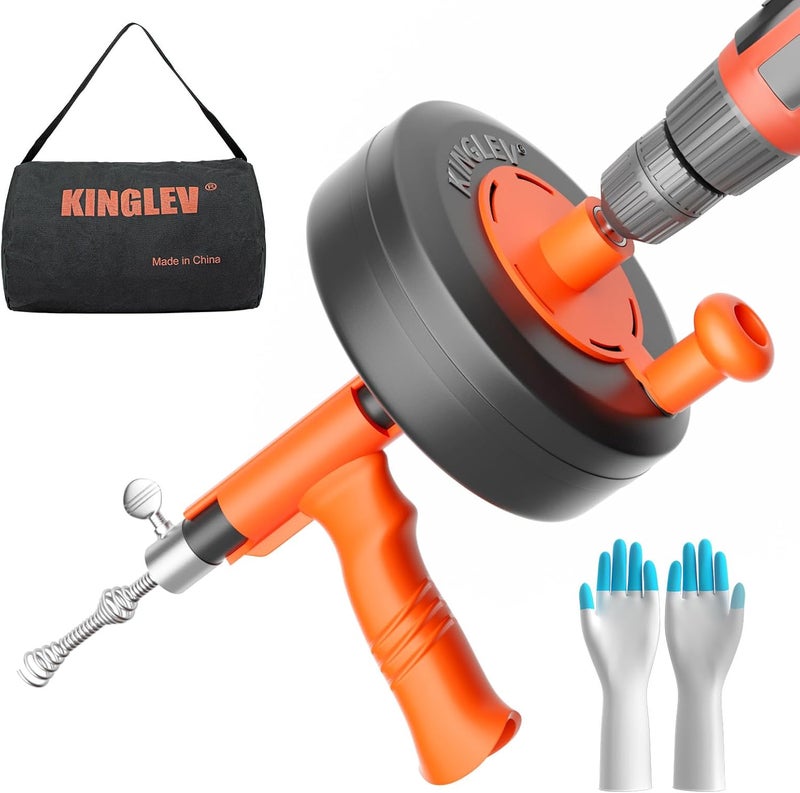 KINGLEV Drain Snake, 25ft Flexible Steel Drain Auger With Drill Adapter, Plumbing Unblocking Hand Auger, Manual Or Powered for Shower & Bathtub Clogs-No auto retract or feed (Orange) - Image 1